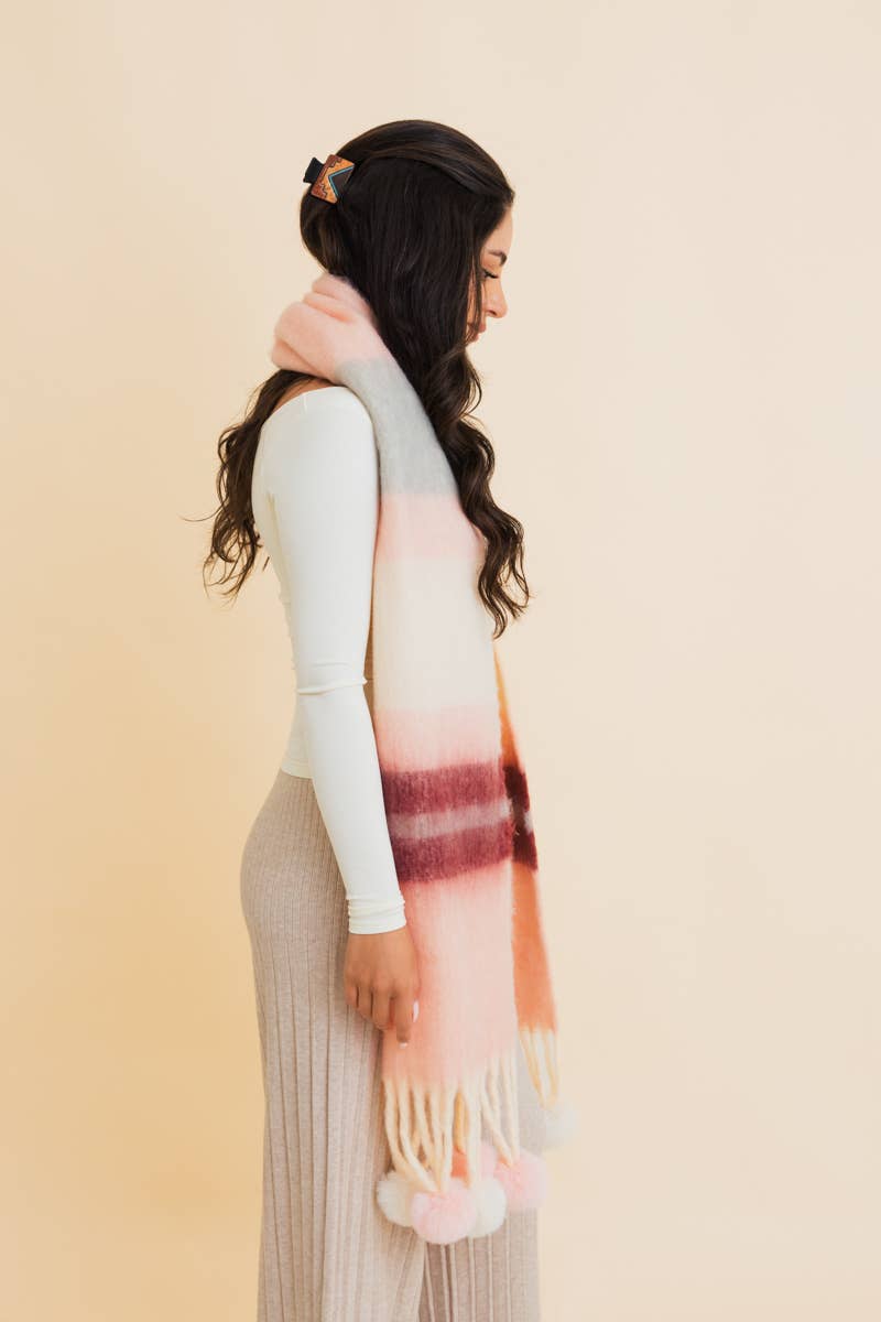 Purple Contrast Color Stripes Chunky Pom Tassel Scarf