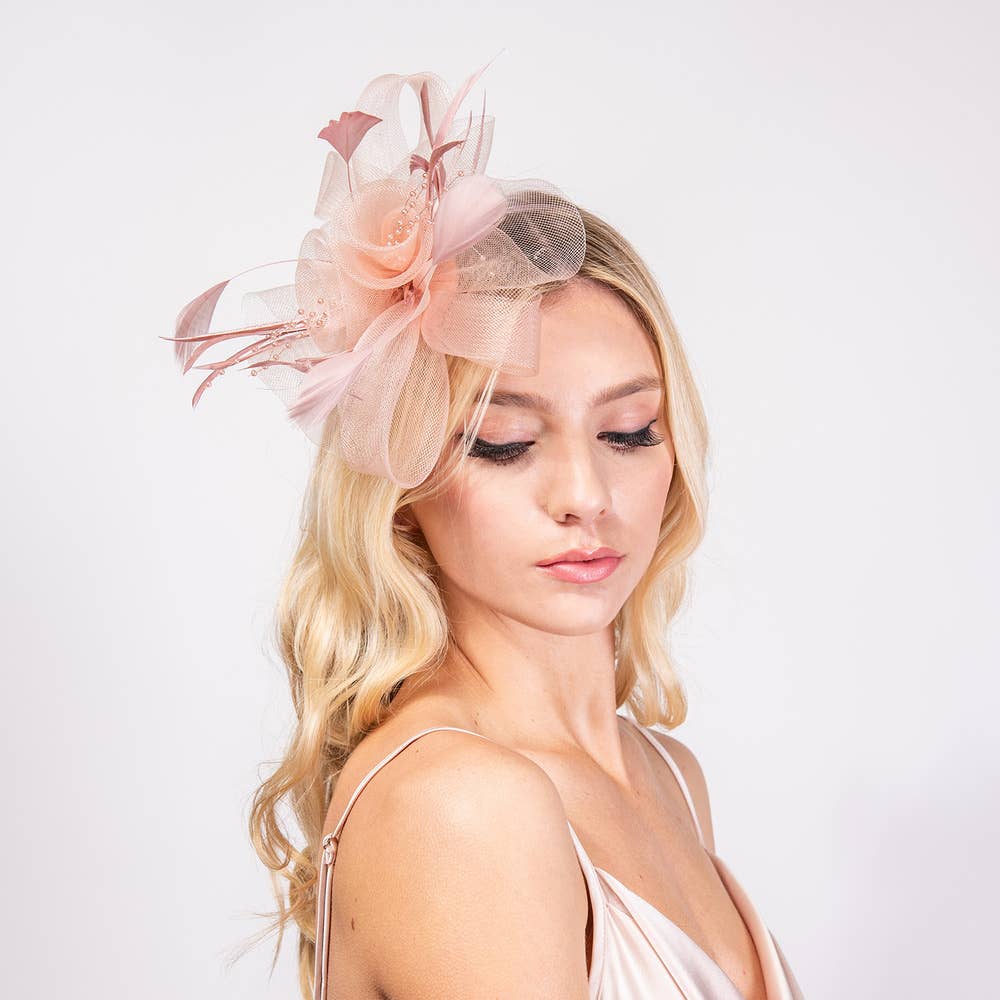 Feather & Double Floral Mesh Fascinator Headband/Clip: Royal Blue