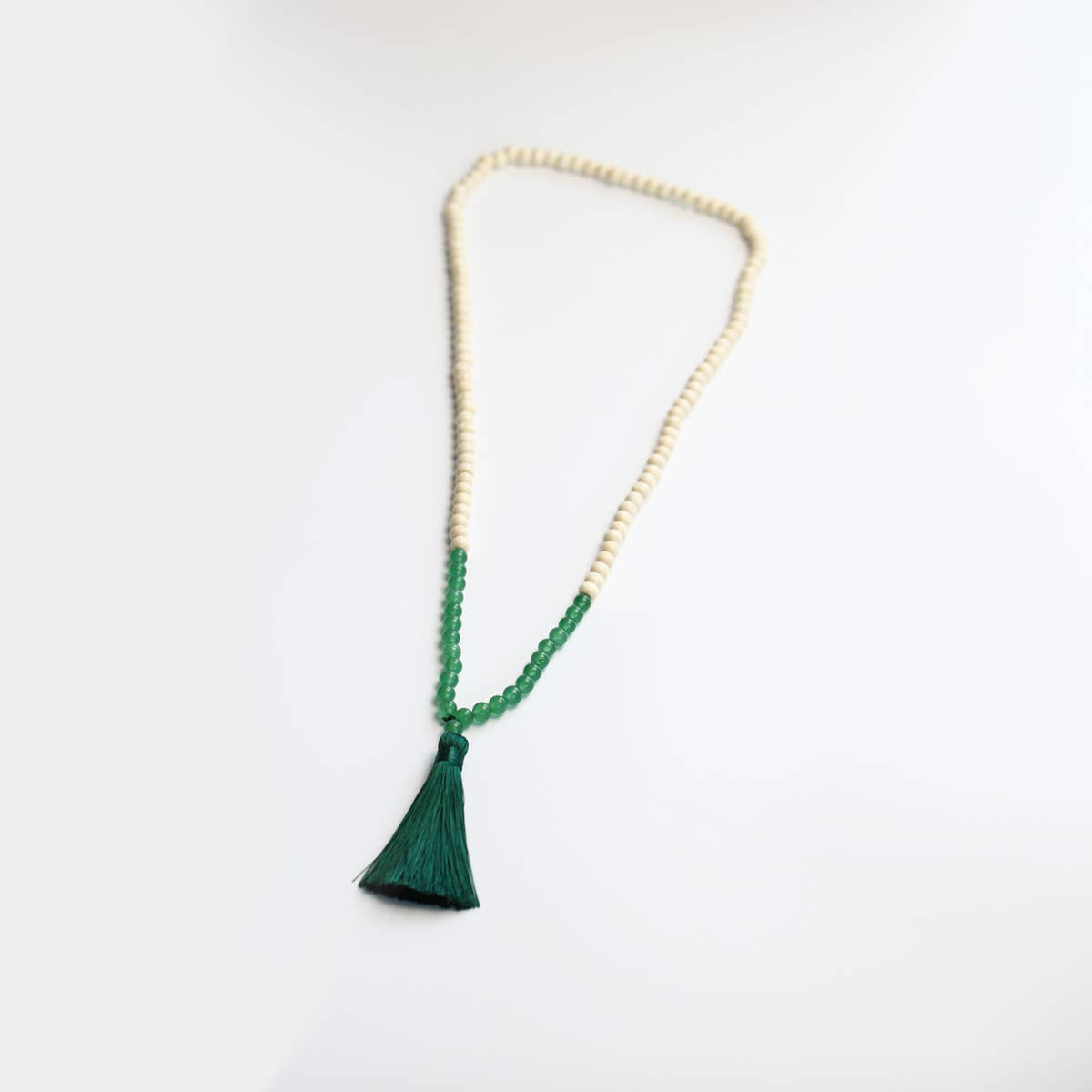 Green/Cream Boho Wood Bead, Tassel Necklace