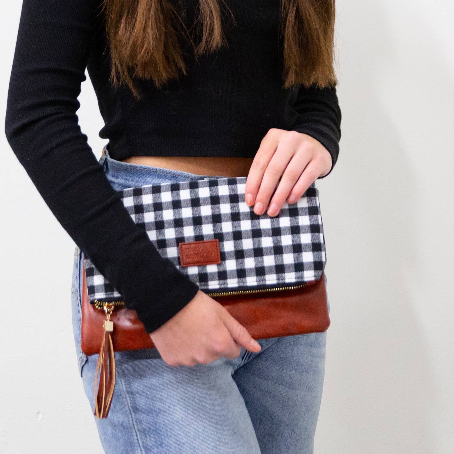 Black & White Buffalo Check & Brown Faux Leather Foldover Wristlet Clutch: