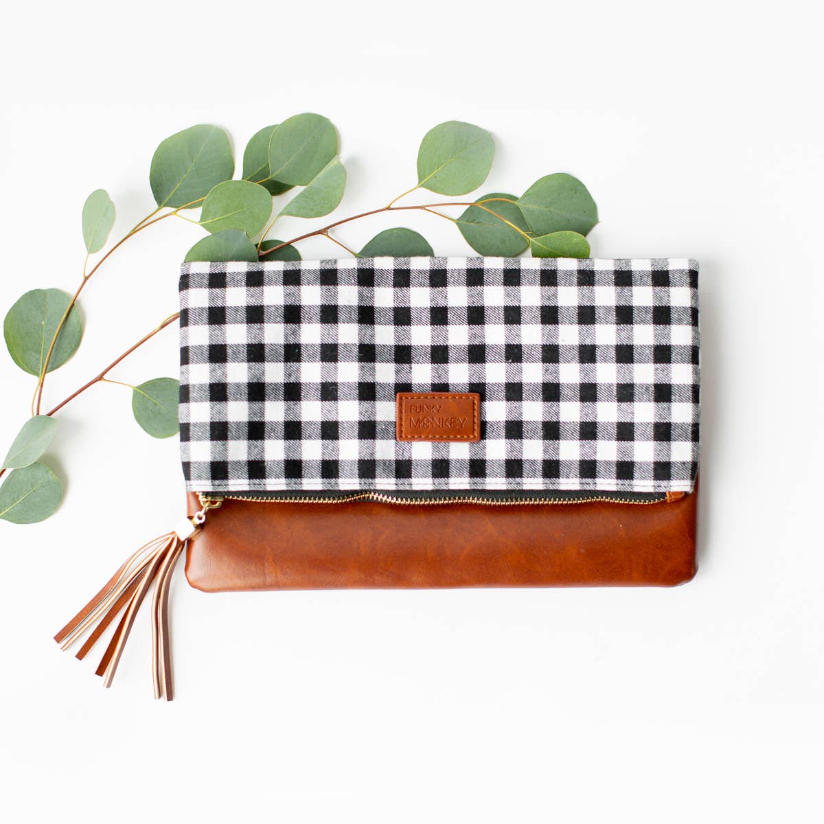 Black & White Buffalo Check & Brown Faux Leather Foldover Wristlet Clutch: