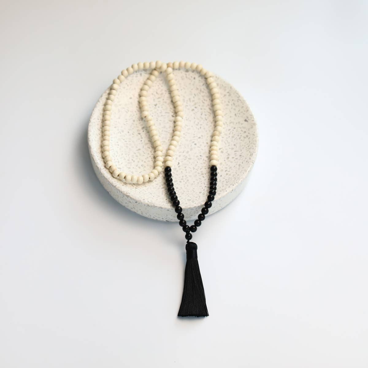 Boho Wood Bead, Tassel Necklace Black/Cream