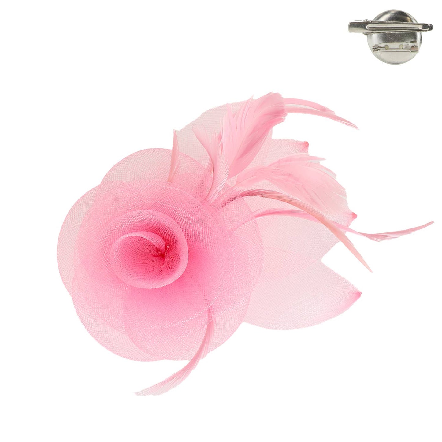 Flower & Leaves Mesh w/ Feathers Fascinator Clip: Pink