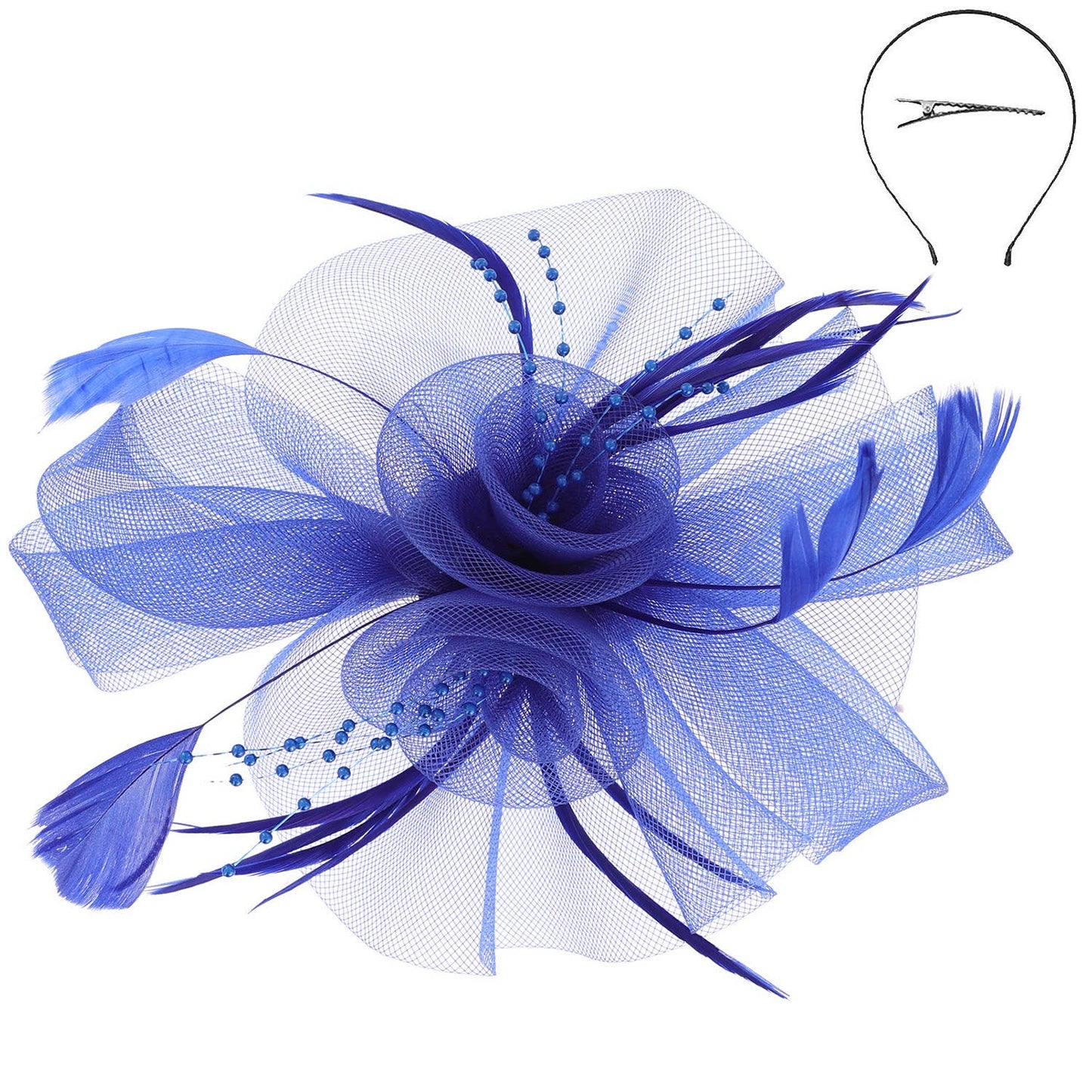 Feather & Double Floral Mesh Fascinator Headband/Clip: Royal Blue