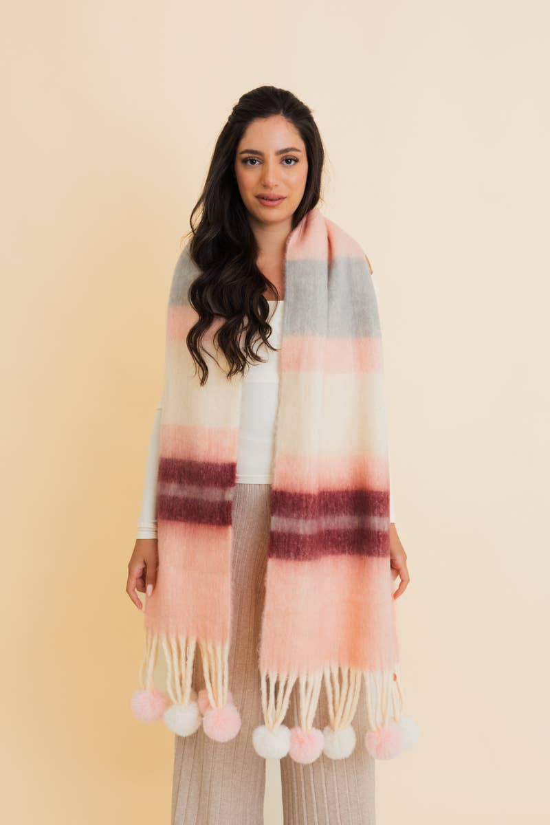 Purple Contrast Color Stripes Chunky Pom Tassel Scarf