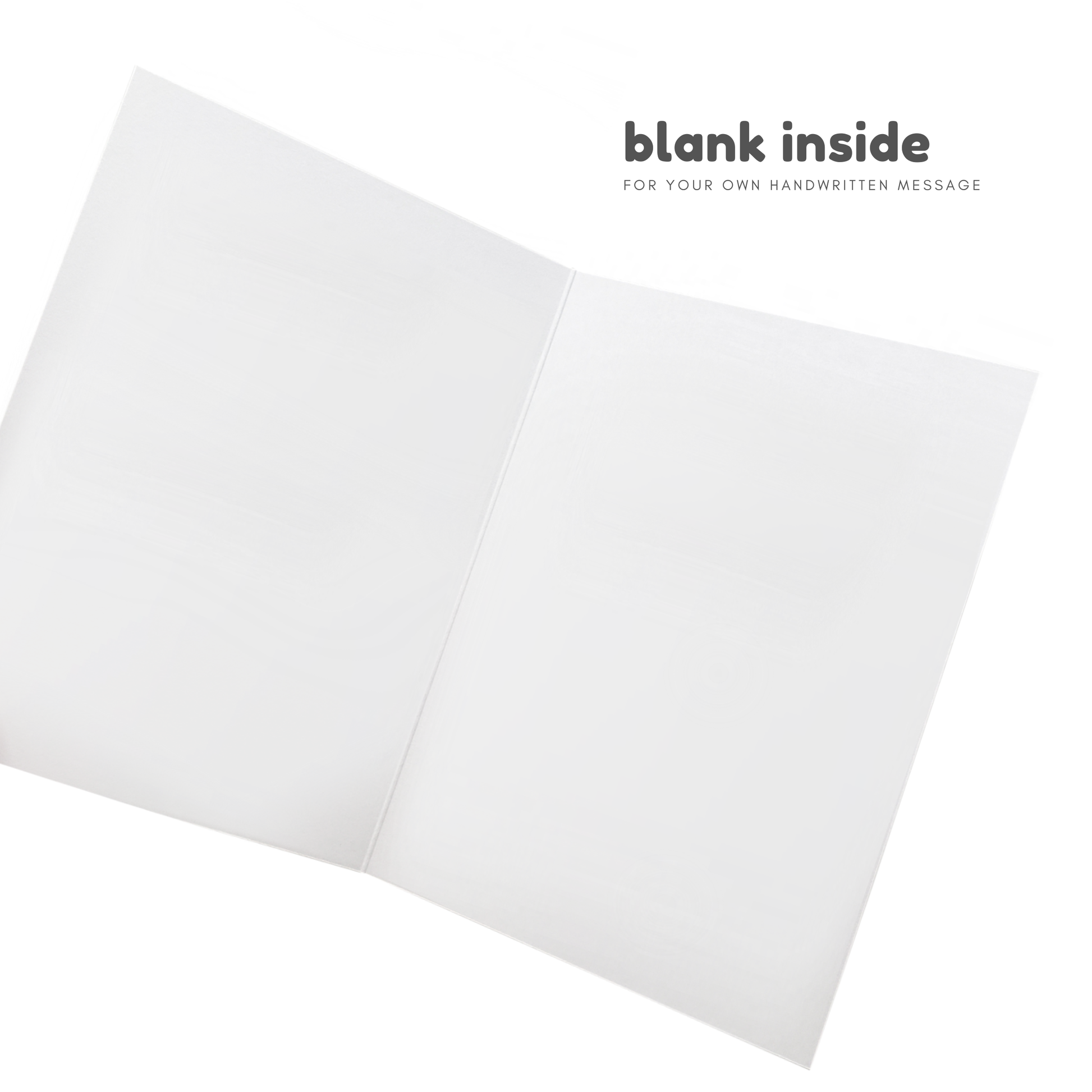 Blank white card with text 'blank inside for your own handwritten message' on a white background