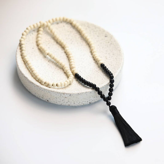 Boho Wood Bead, Tassel Necklace Black/Cream