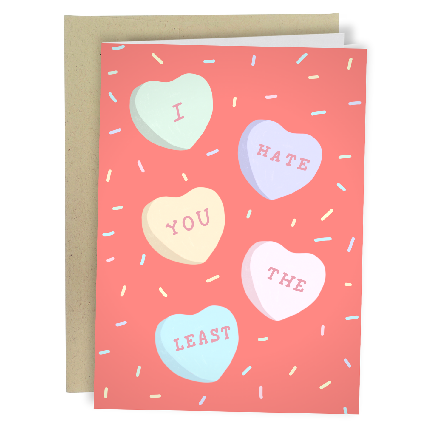 Greeting card with candy heart designs on a pink background