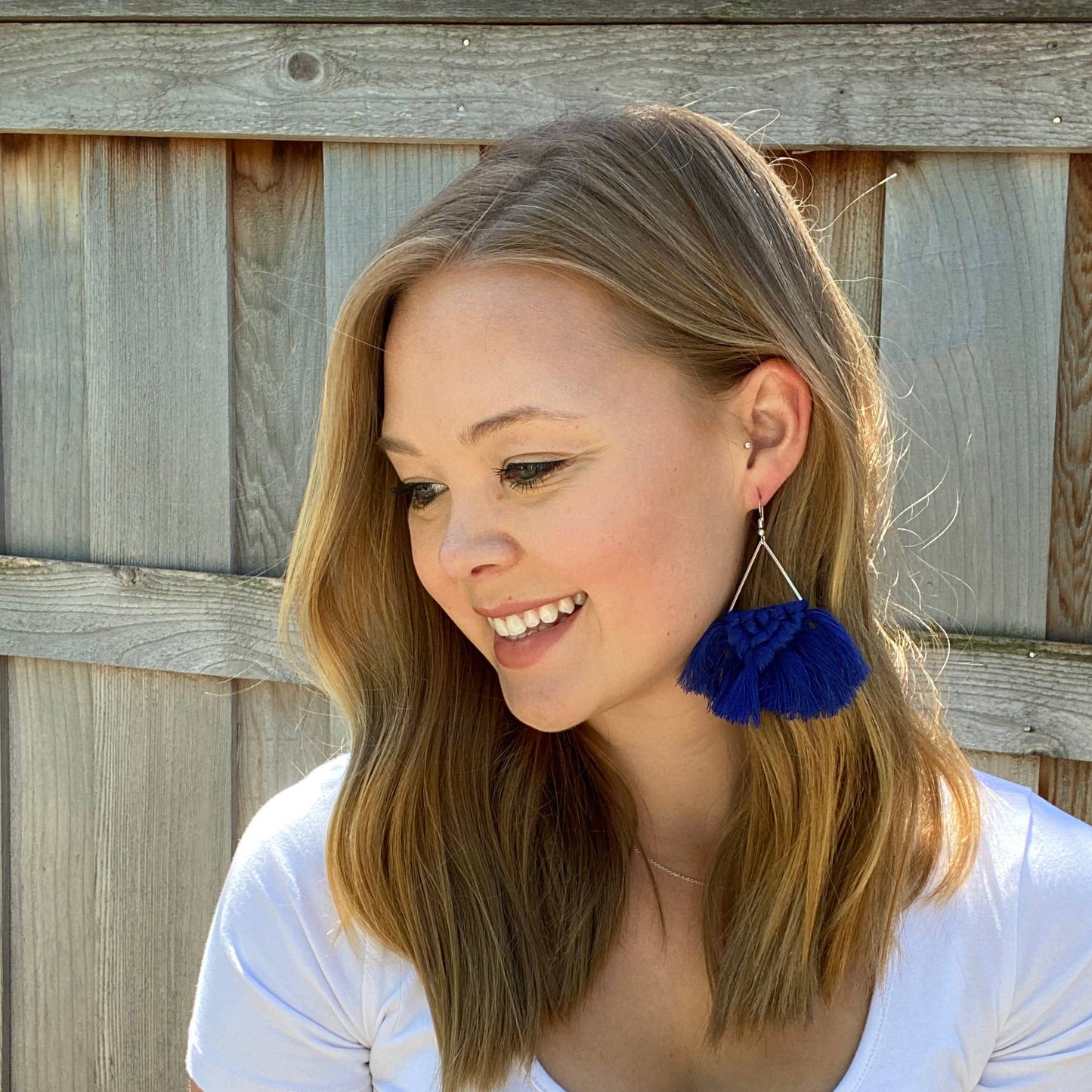 Royal Blue Silvertone Macrame Boho Earrings