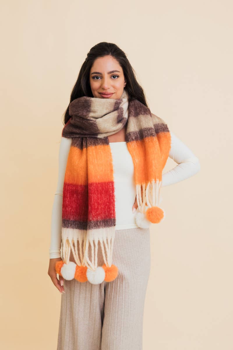 Purple Contrast Color Stripes Chunky Pom Tassel Scarf