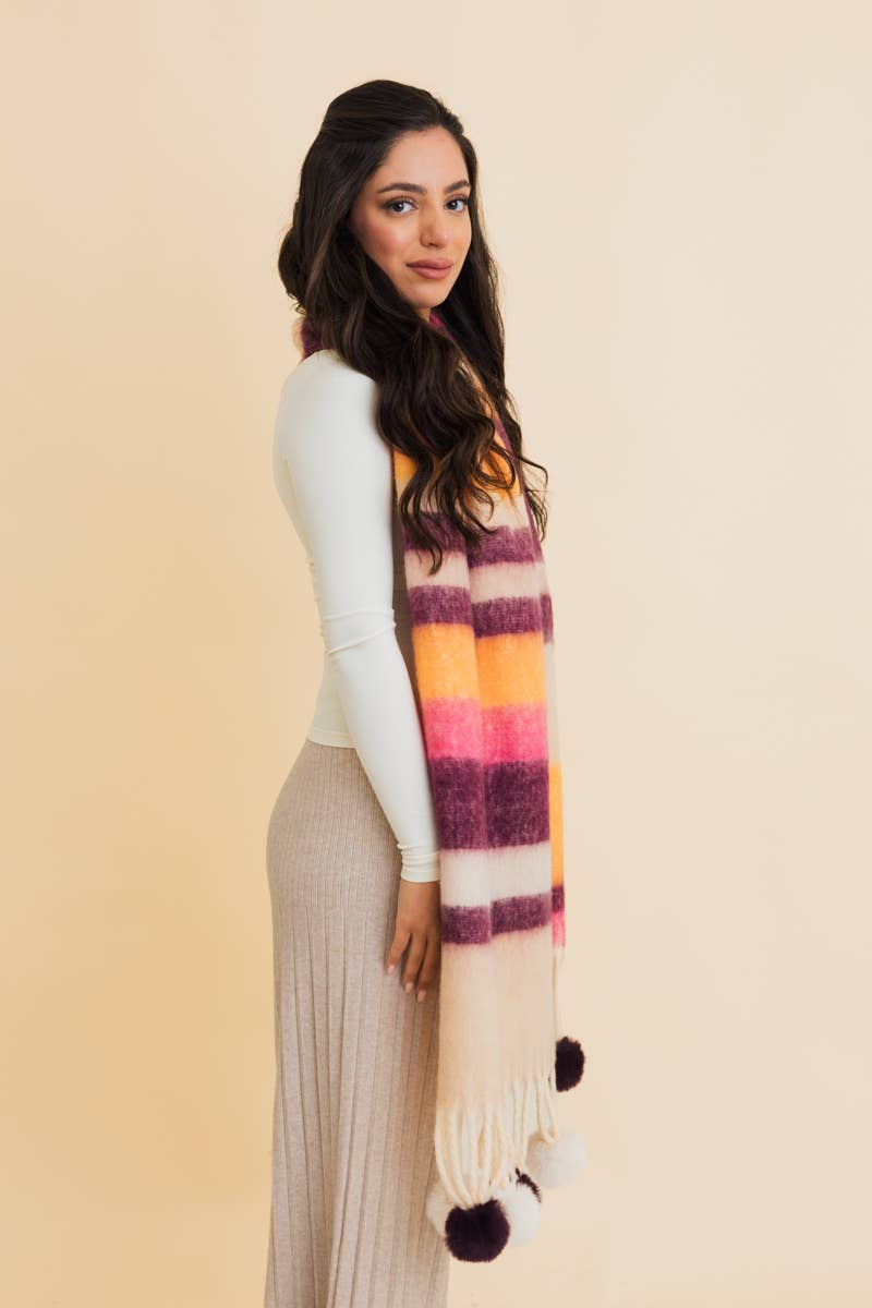 Purple Contrast Color Stripes Chunky Pom Tassel Scarf