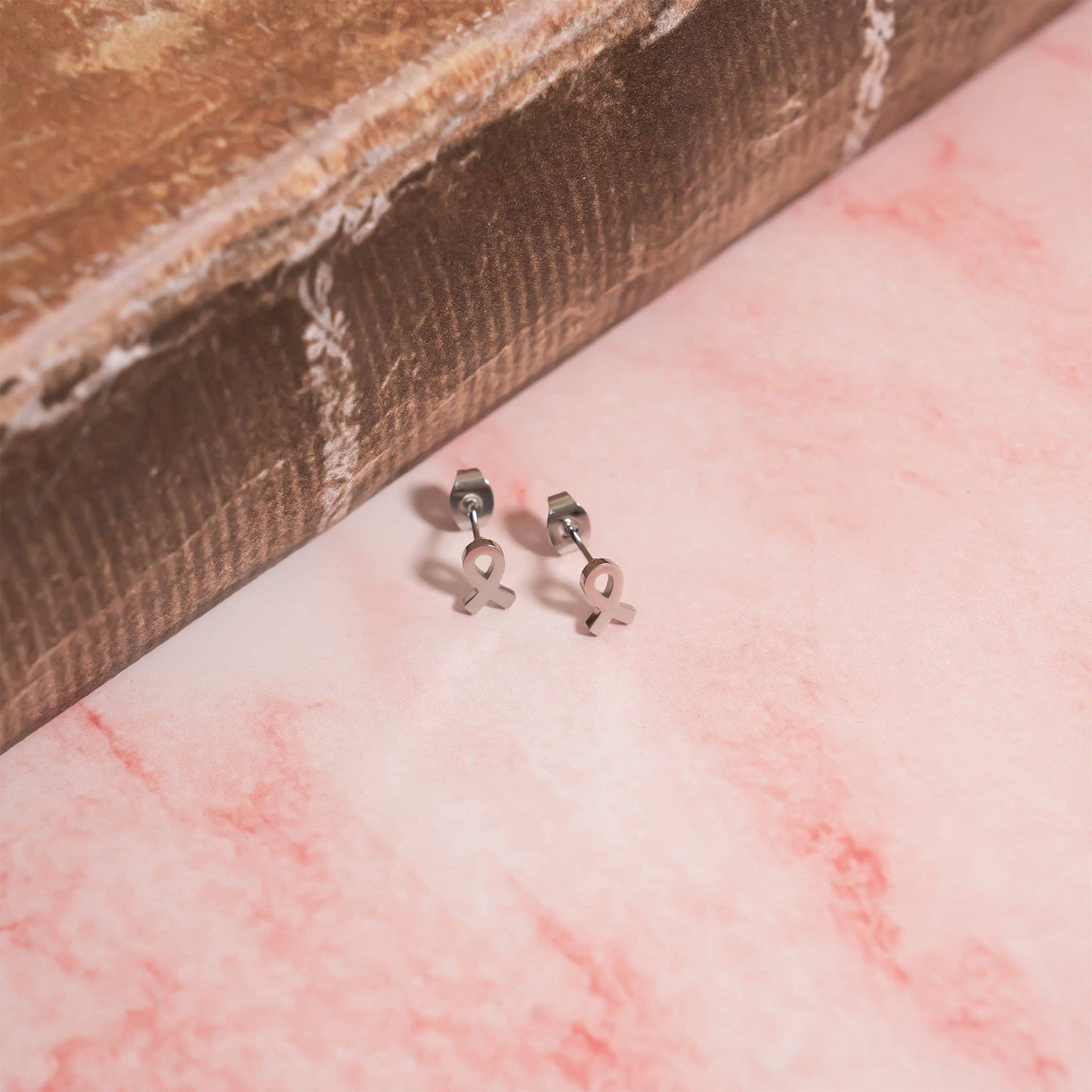 Stainless Steel Breast Cancer Awareness Ribbon Stud Earrings