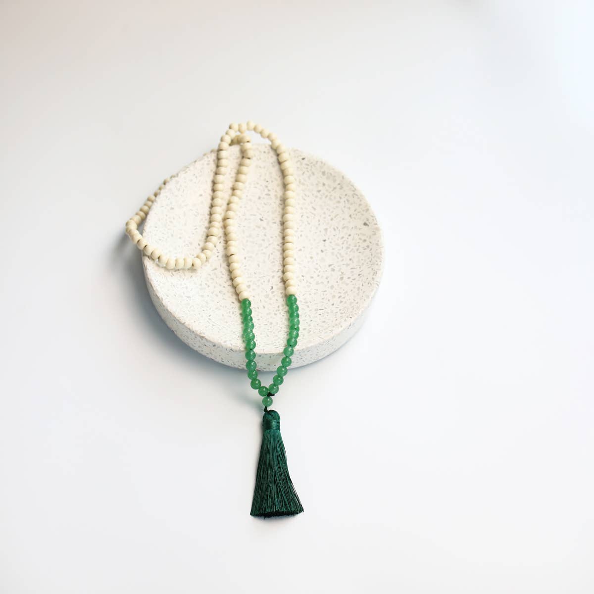 Green/Cream Boho Wood Bead, Tassel Necklace