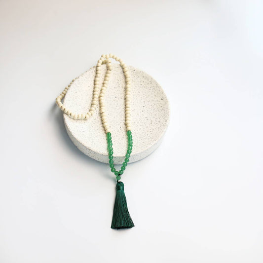 Green/Cream Boho Wood Bead, Tassel Necklace