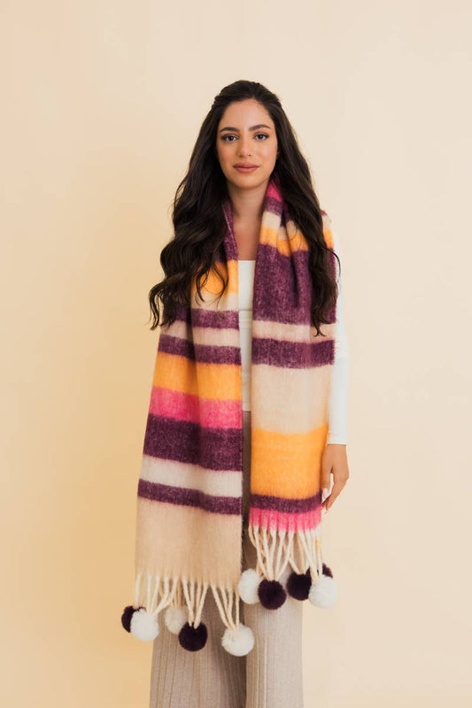 Purple Contrast Color Stripes Chunky Pom Tassel Scarf